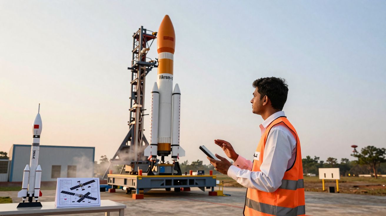 Homem com colete laranja controla lançamento de foguete Vikram em plataforma de lançamento ao ar livre.