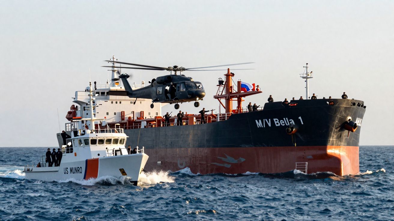Navio M/V Bella 1 com helicóptero a sobrevoar e embarcação US Munro em alto mar durante operação naval.