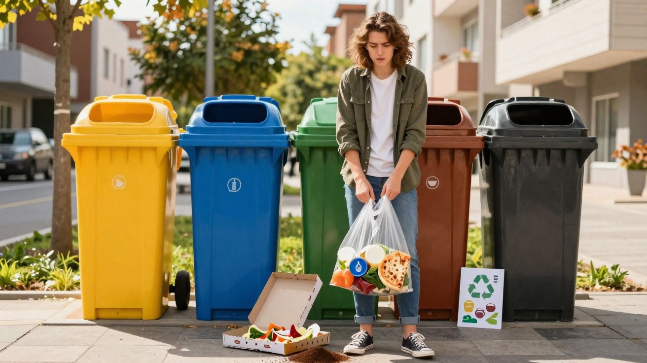 Pessoa a separar lixo reciclável junto a cinco contentores coloridos numa rua urbana.