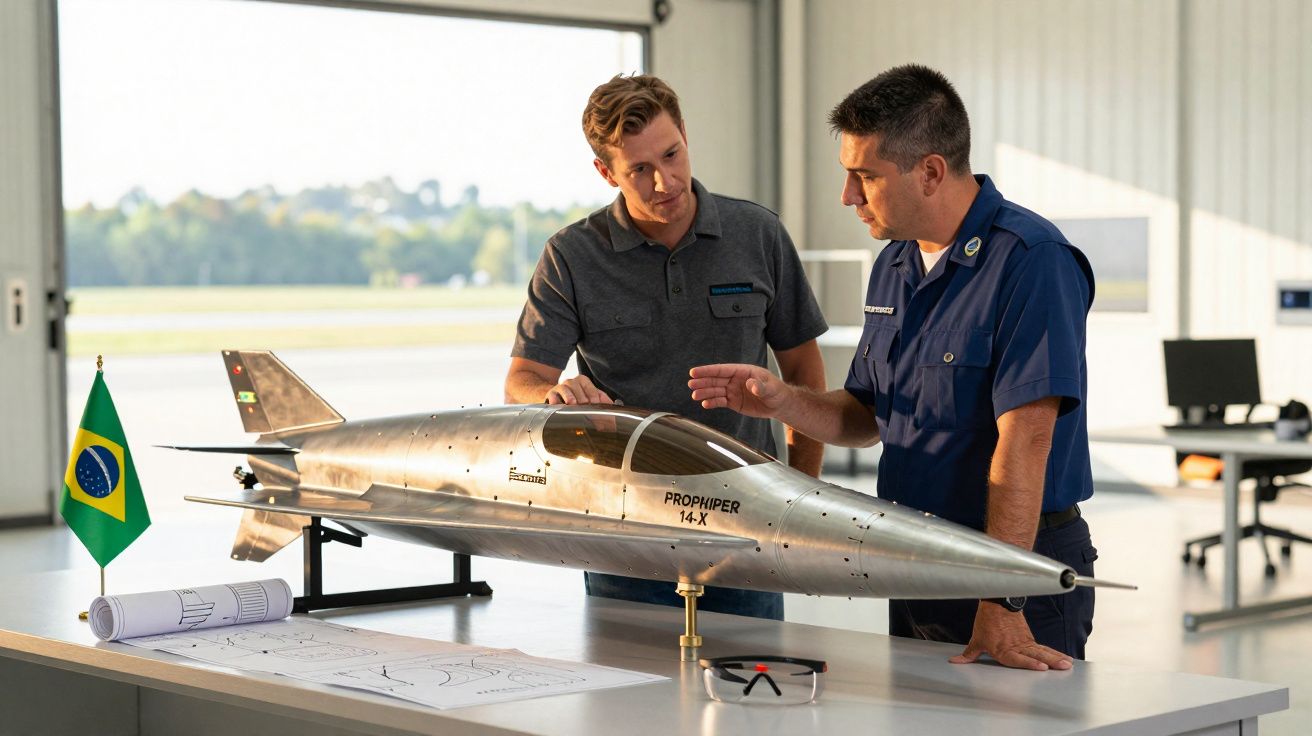 Dois homens analisam o modelo metálico de uma aeronave num ambiente de hangar com a bandeira do Brasil.