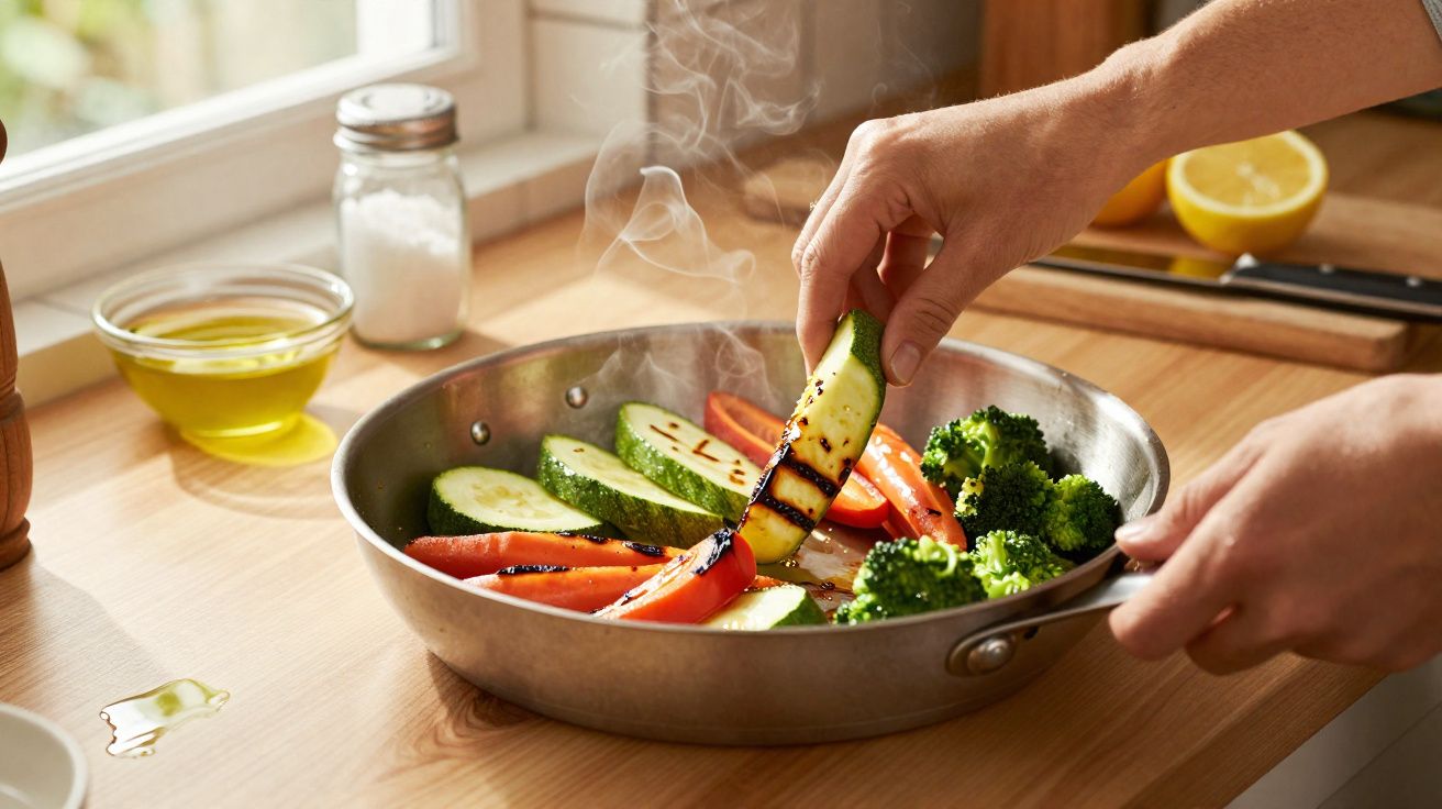 Mãos a cozinhar legumes coloridos a grelhados numa frigideira junto a uma janela com vapor a subir.