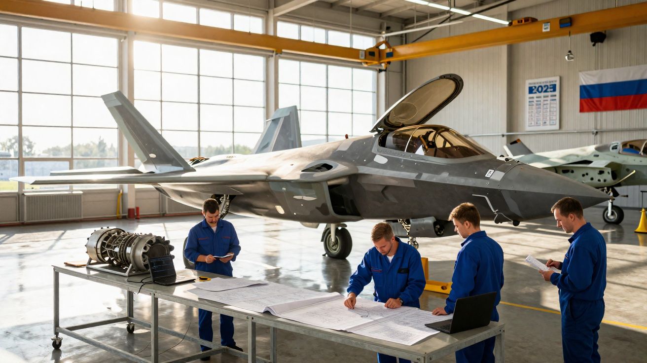 Quatro técnicos em macacões azuis a analisar plantas junto a um jato militar num hangar iluminado.