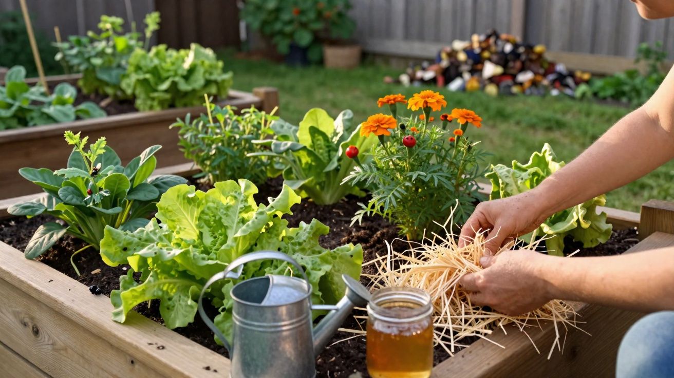 Pessoa a cuidar de plantas e flores num canteiro com regador e frasco de mel ao lado.