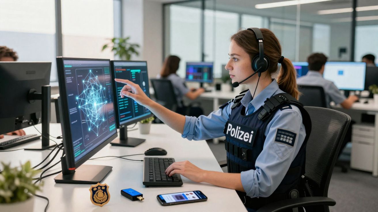 Polícia feminina com auriculares analisa dados digitais em dois ecrãs num centro de operações moderno.