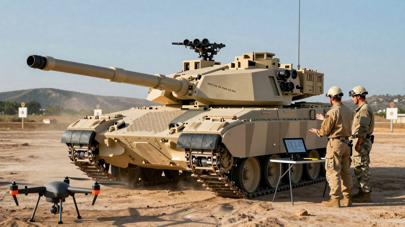 Tanque militar bege com dois soldados a operá-lo e um drone preto no chão, em zona desértica.