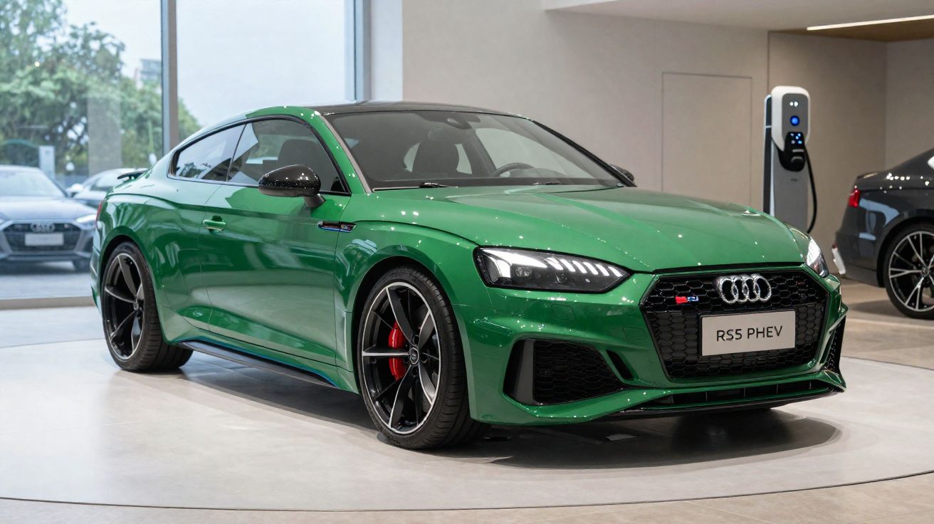 Carro desportivo Audi RS5 PHEV verde em exposição num salão com carregador elétrico ao fundo.