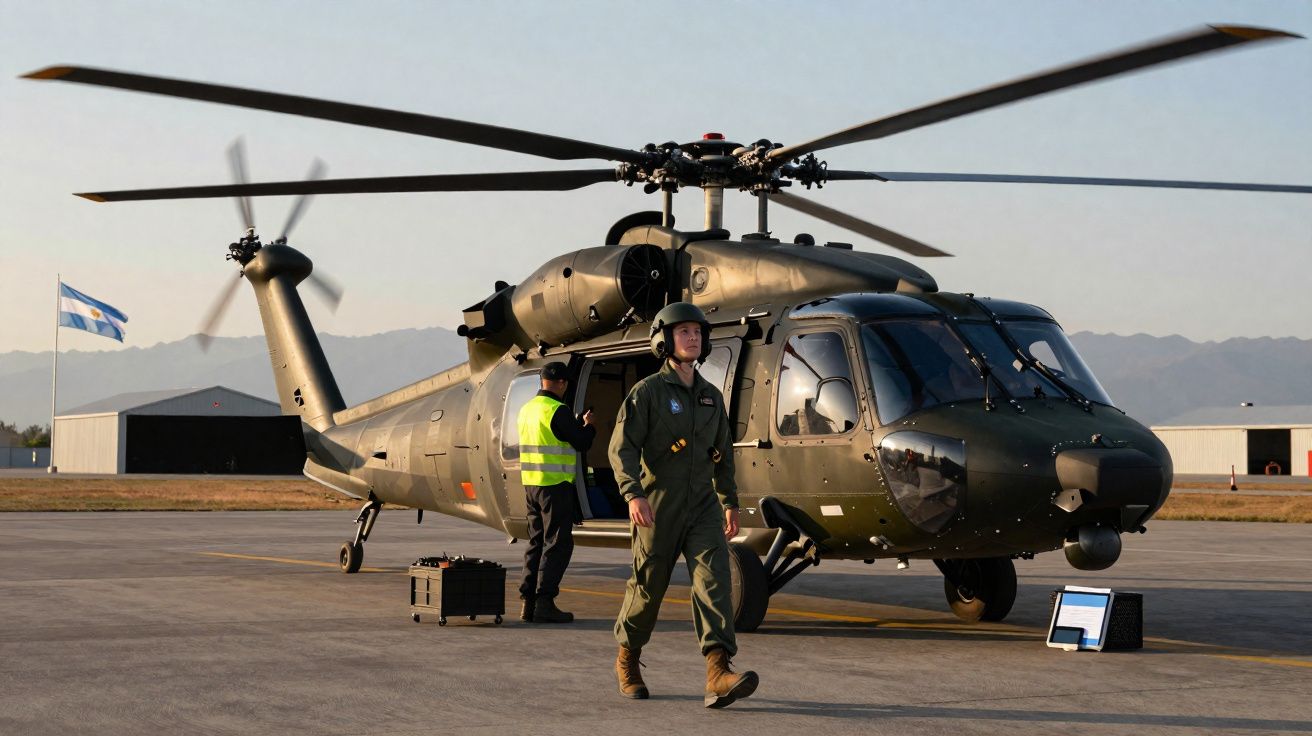 Militar com fato de voo e capacete camuflado a caminhar perto de helicóptero militar estacionado em pista de aeroporto.