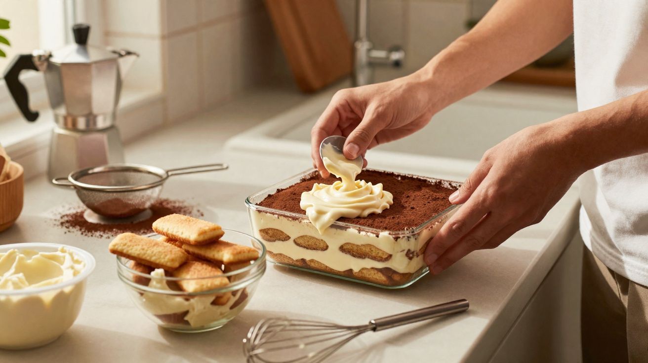 Pessoa a decorar tiramisú caseiro numa taça quadrada de vidro numa cozinha.