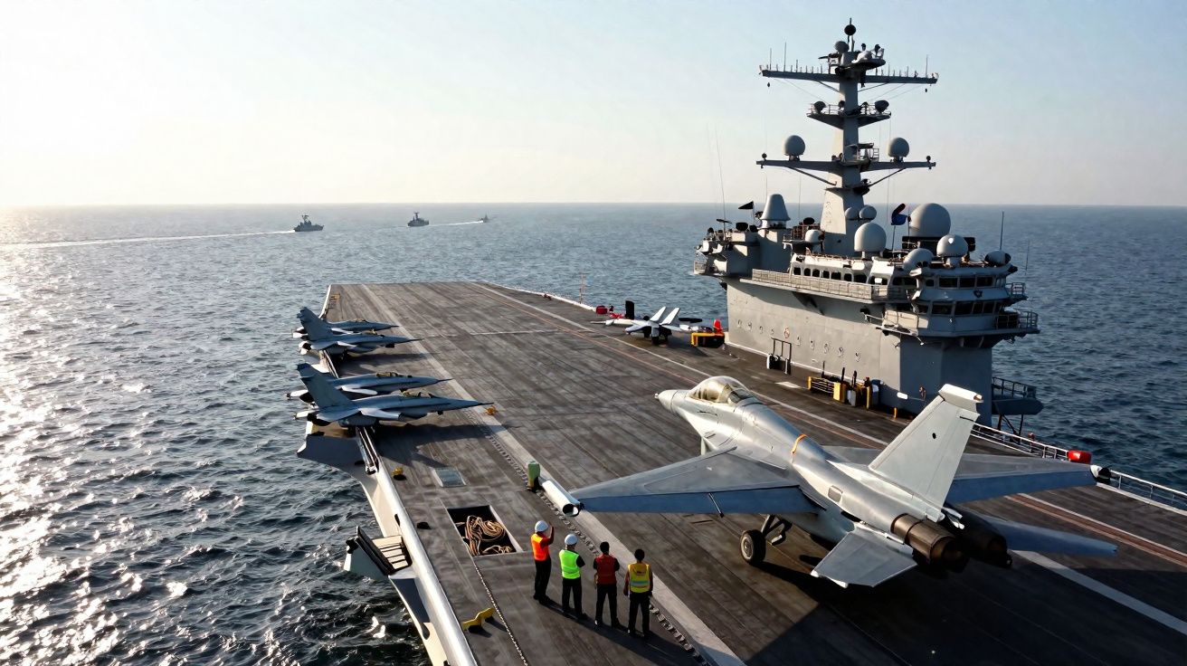 Porta-aviões com diversos jatos na pista e quatro pessoas de colete observando no convés, mar ao fundo.