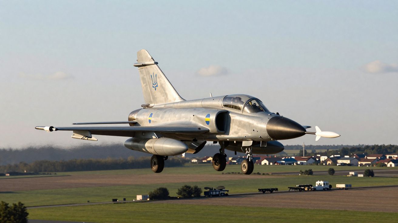 Avião militar de caça prateado a voar baixo sobre campos e edifícios ao fundo.