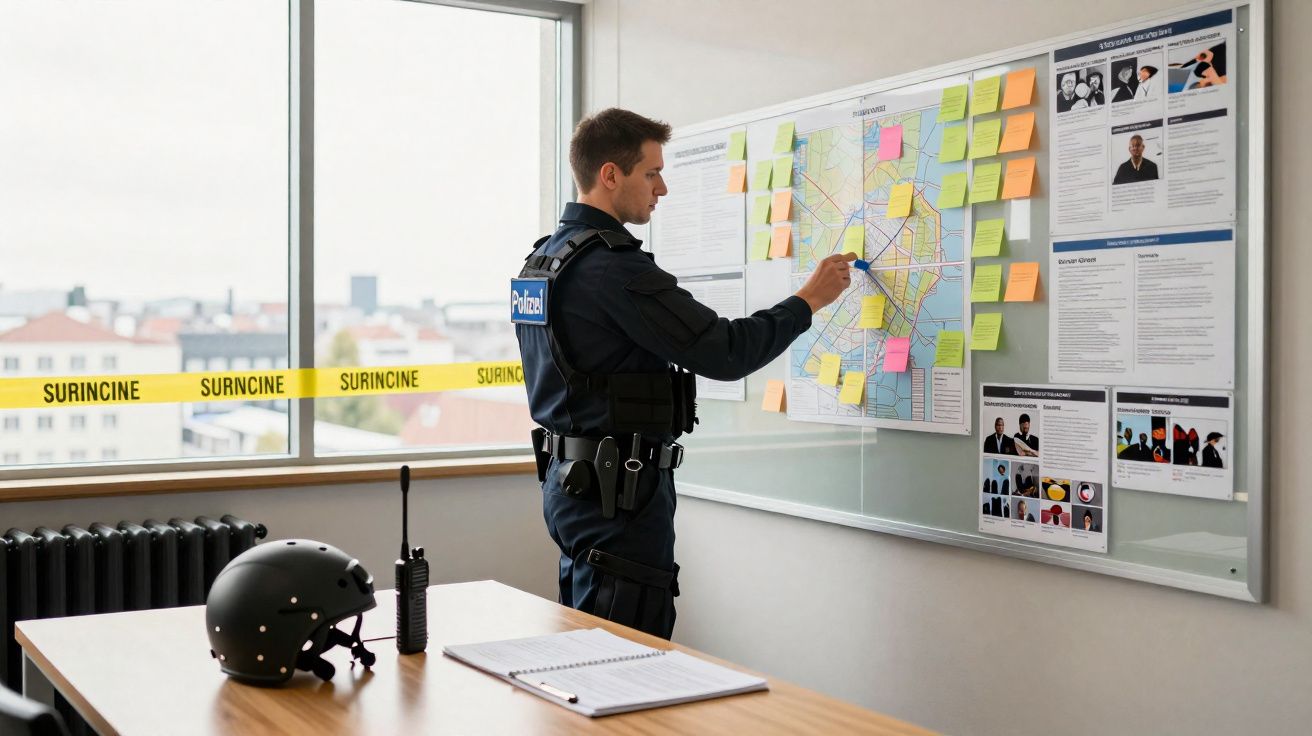 Polícia a analisar mapa com notas autocolantes num escritório com fita de perímetro amarela na janela.