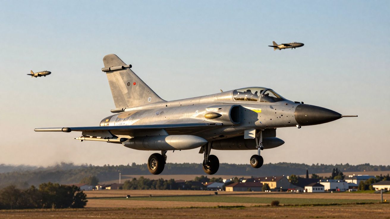 Caça militar metálico a descolar com dois aviões militares ao fundo em céu limpo.