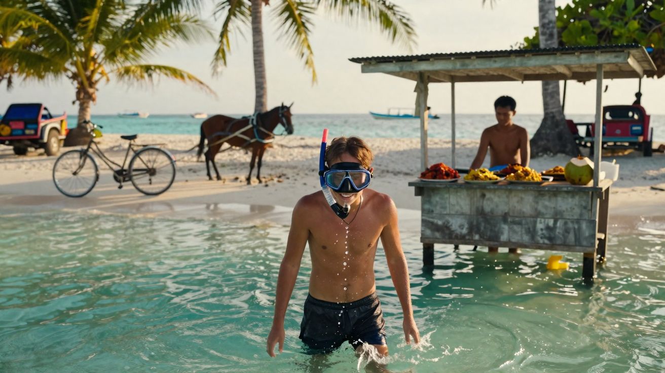 Jovem a sair da água do mar com máscara de mergulho, banca de frutas e cavalo na praia ao fundo.