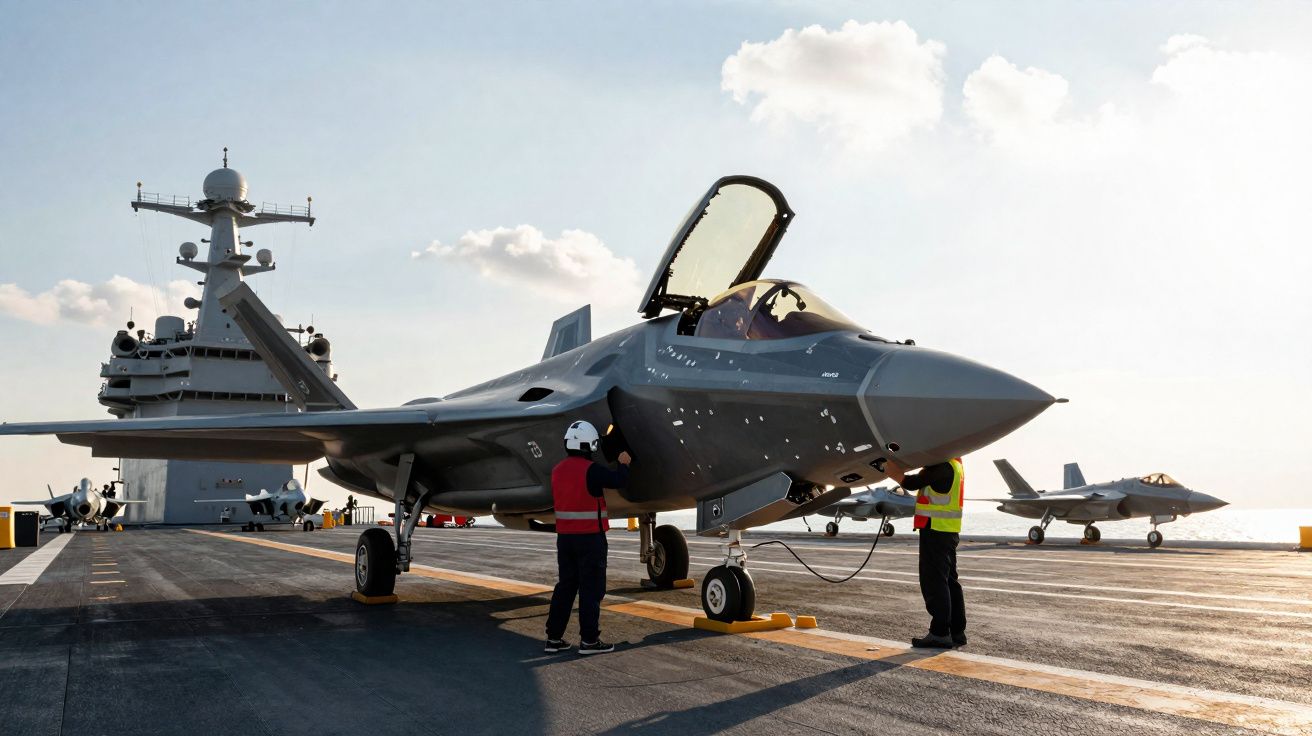 Caça furtivo no convés de um porta-aviões com dois técnicos a realizar manutenção.