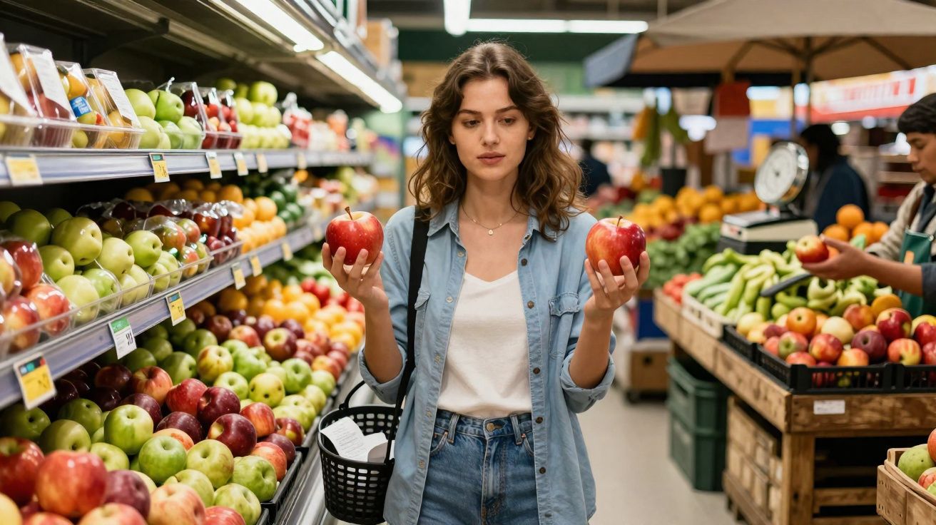 Mulher em supermercado a escolher entre duas maçãs vermelhas com cesto de compras na mão.