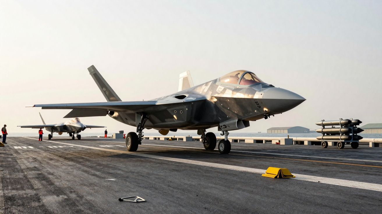 Caça stealth estacionado na pista de um porta-aviões com outro caça e pessoal ao fundo.