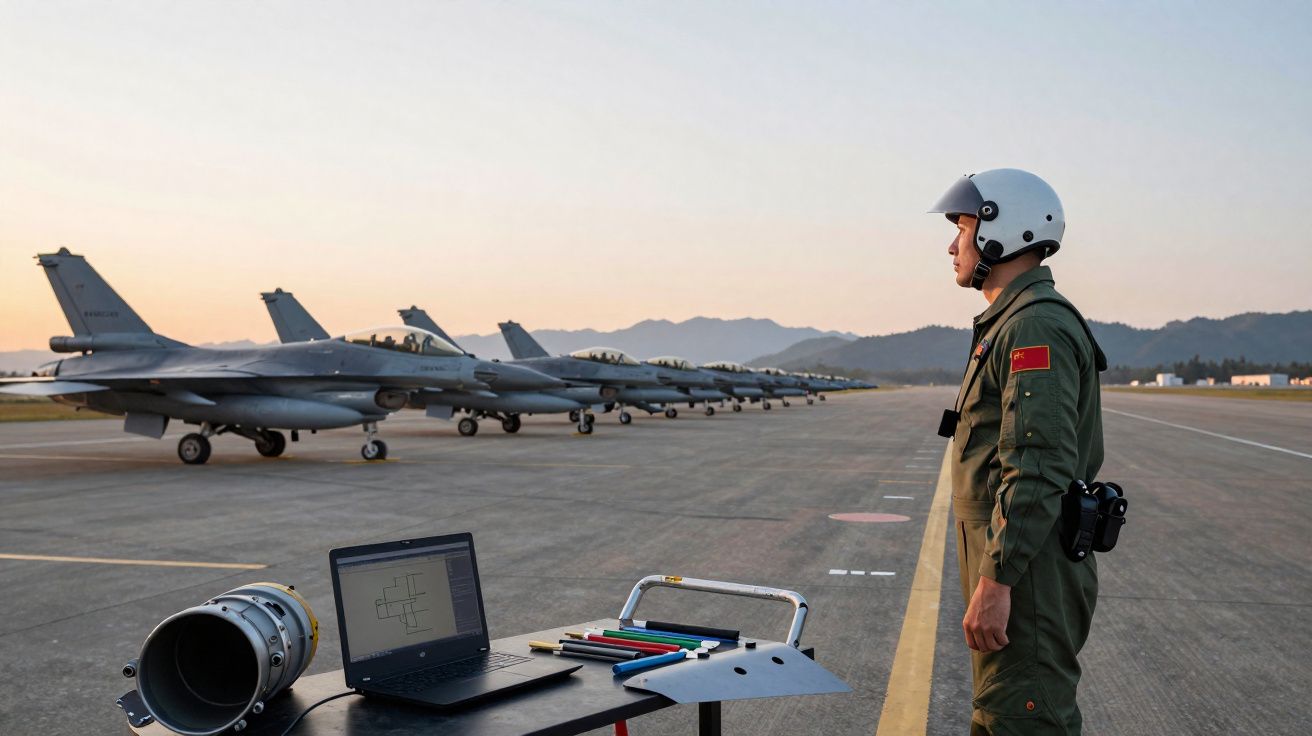 Piloto militar de capacete observa jatos alinhados em pista com equipamento e laptop numa mesa.