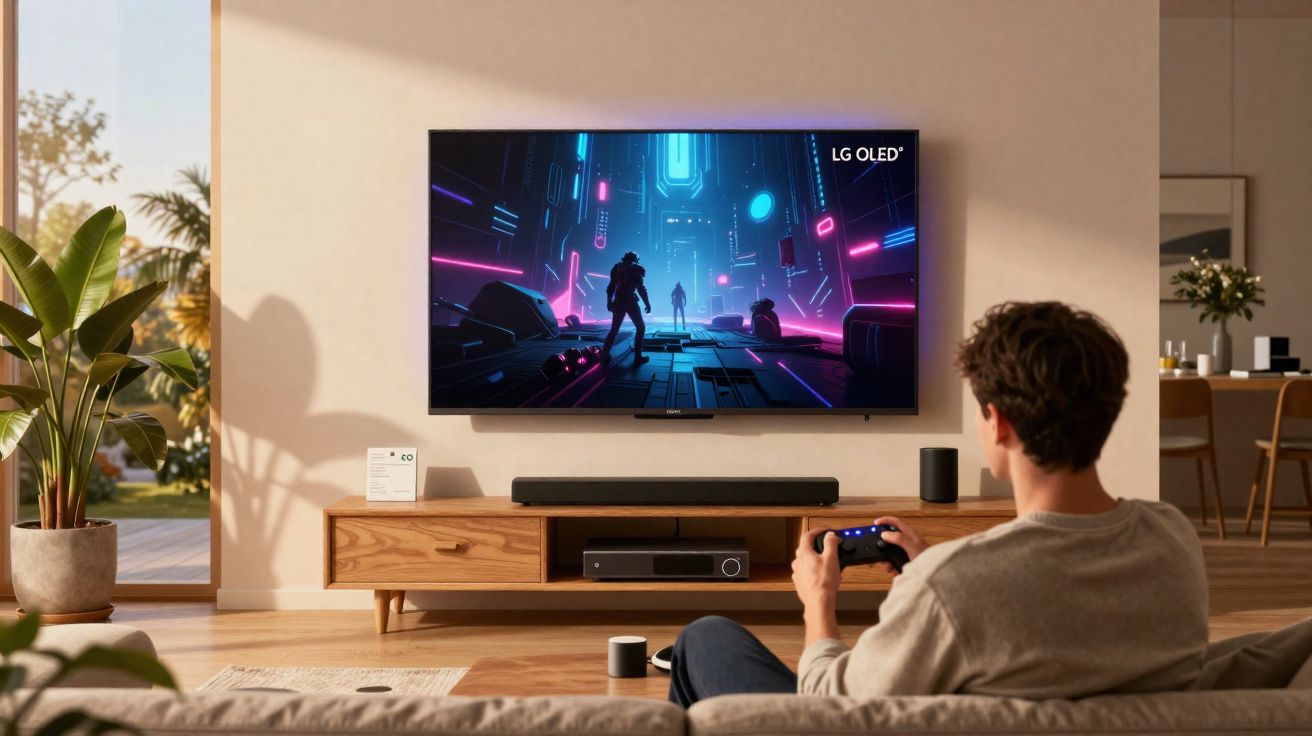 Pessoa sentada no sofá a jogar videojogo futurista numa televisão LG OLED numa sala moderna e iluminada.