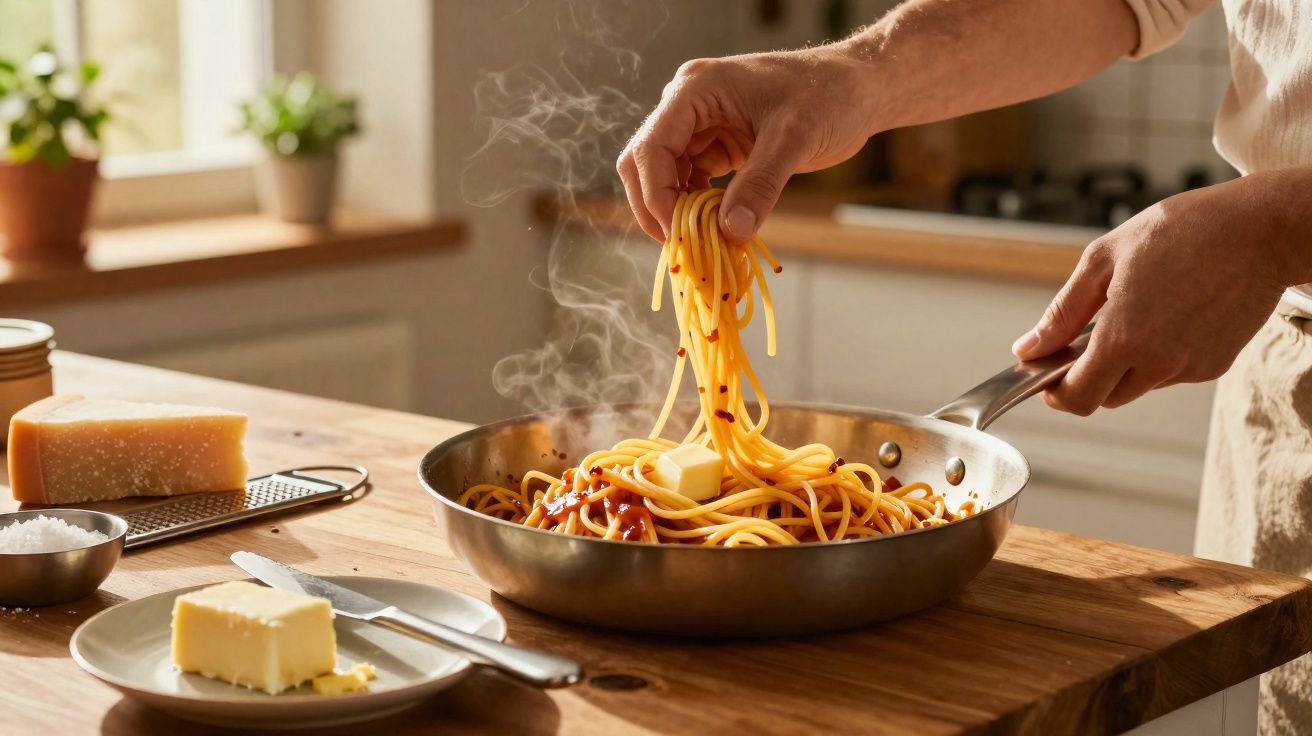 Pessoa a cozinhar esparguete com manteiga numa frigideira numa cozinha iluminada.