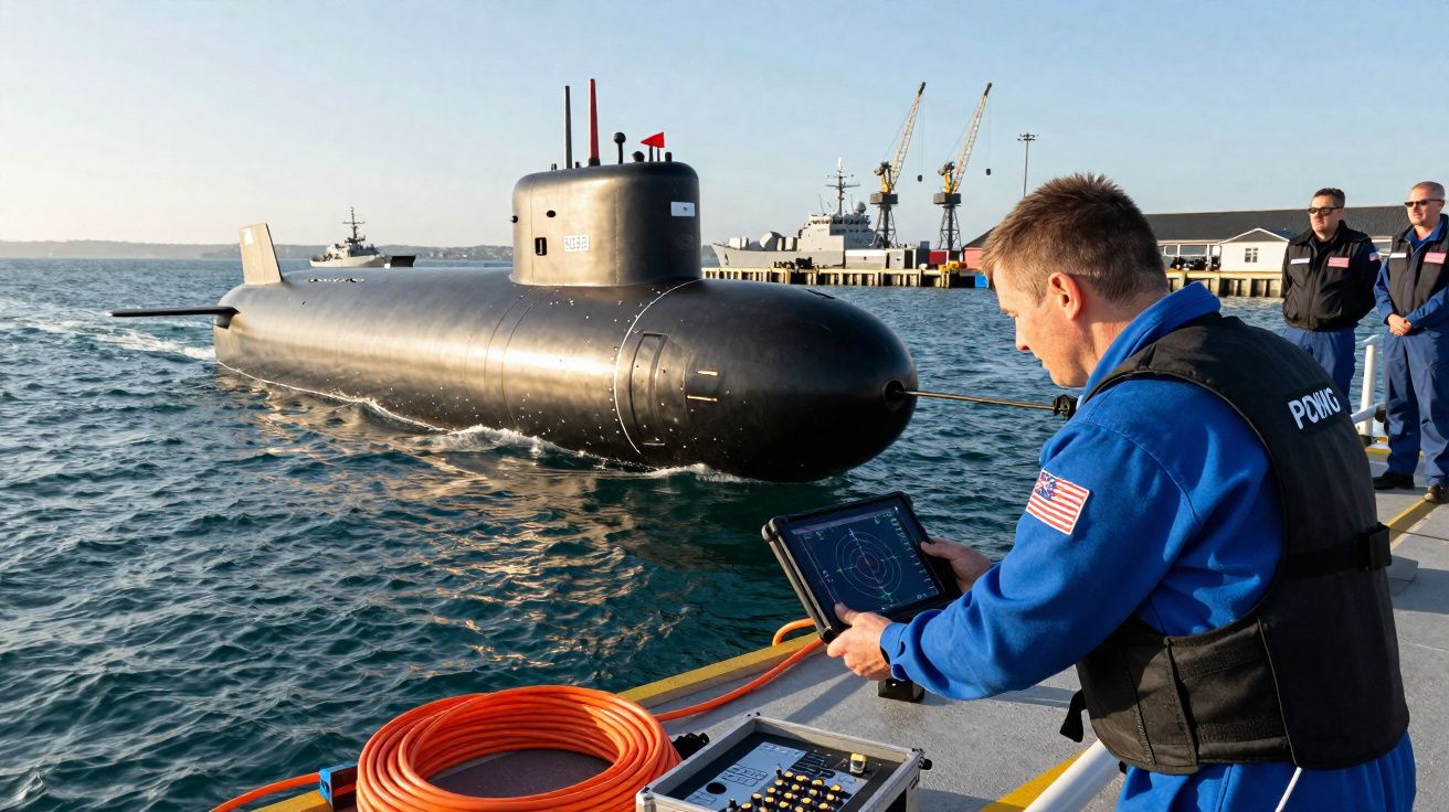 Homem em colete operativo controla submarino negro perto do cais com guindastes e embarcações ao fundo.