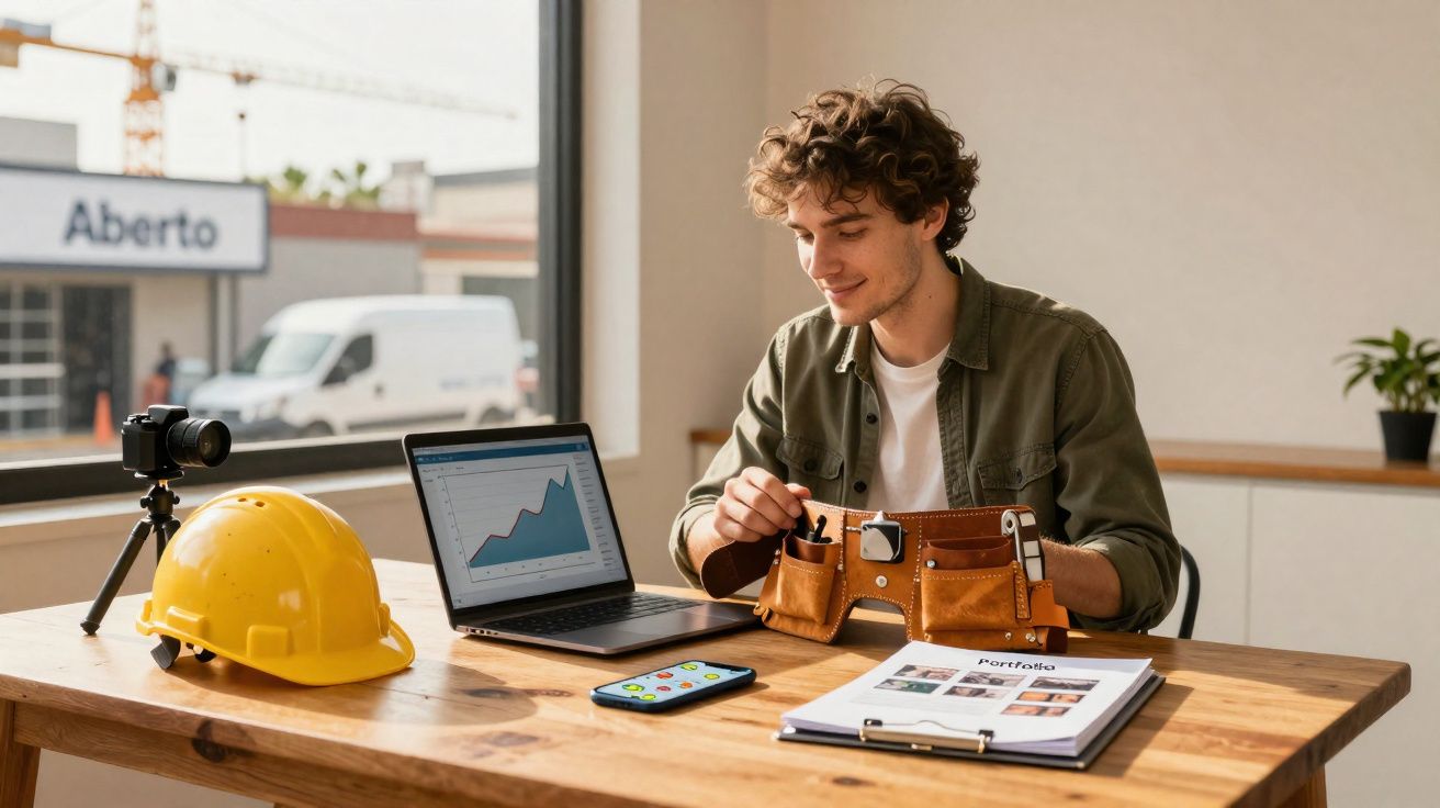 Jovem sentado numa mesa de trabalho com computador, capacete amarelo e cinto de ferramentas a sorrir.