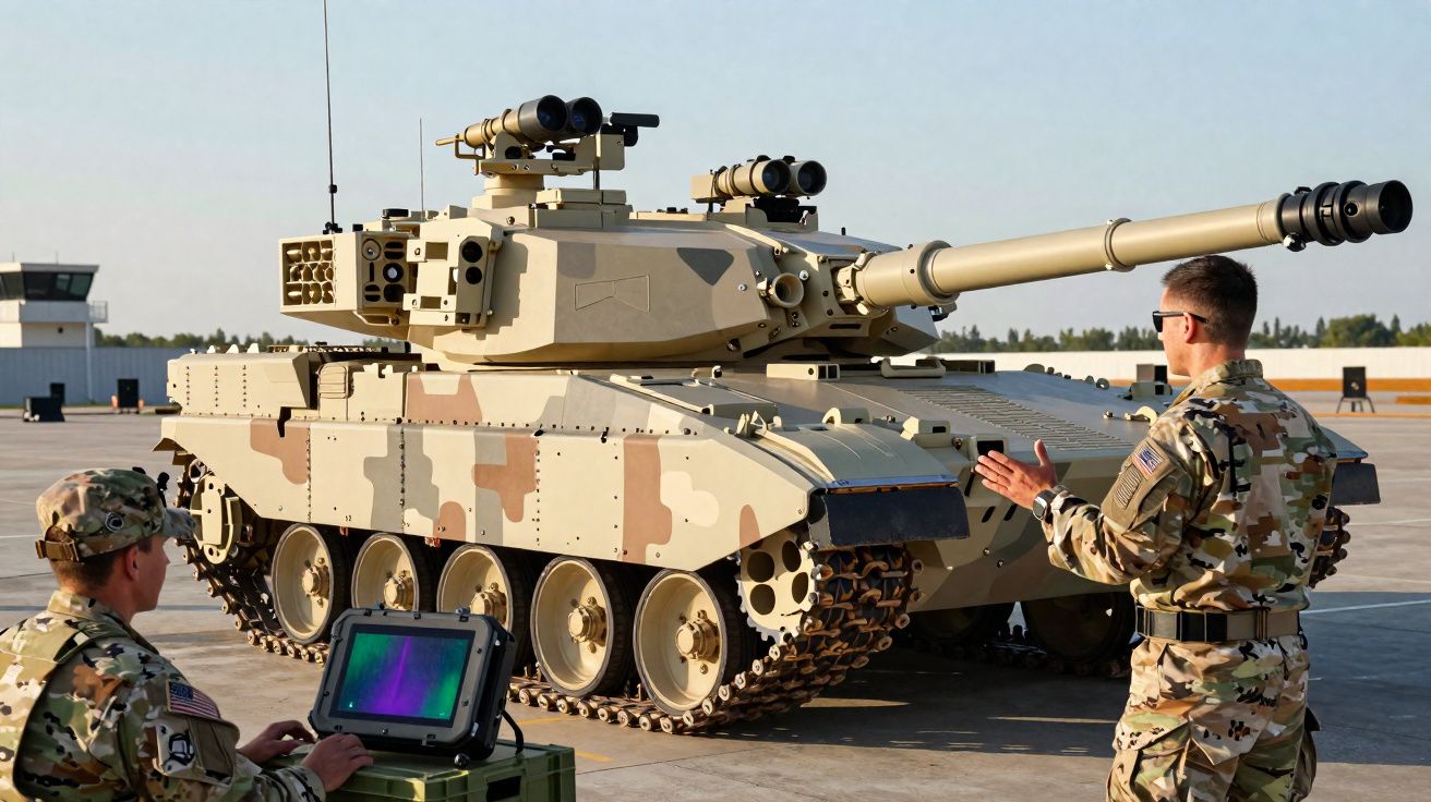 Tanque militar camuflado com dois soldados em uniforme a operar equipamento eletrônico num pátio aberto.