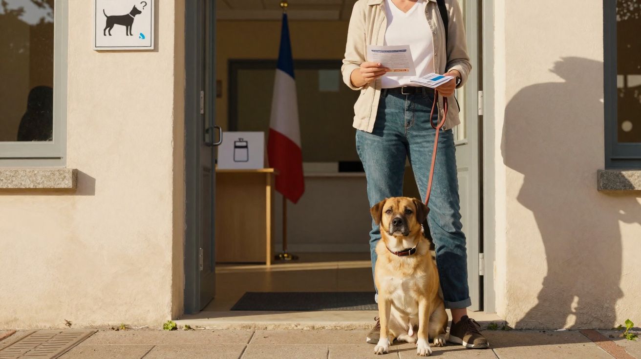 Pessoa com cão sentado à porta de centro de votação com bandeira francesa visível no interior.