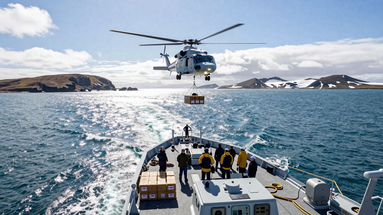 Helicóptero a transportar carga para um navio no mar com várias pessoas a bordo, cenário de ilhas ao fundo.