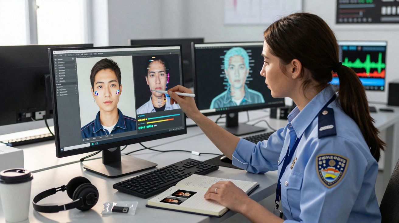 Polícia a analisar imagens faciais num computador para identificação biométrica numa sala de operações.