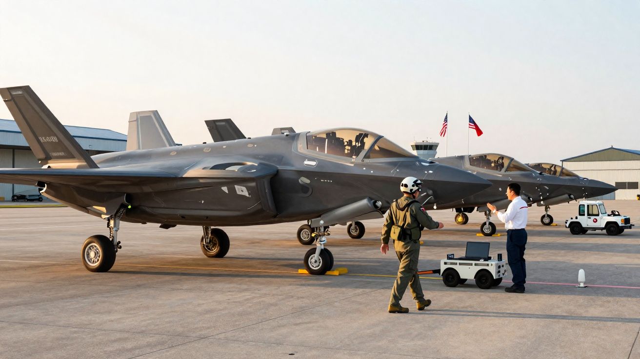 Dois caças militares estacionados no pátio com dois técnicos a preparar equipamentos junto às aeronaves.