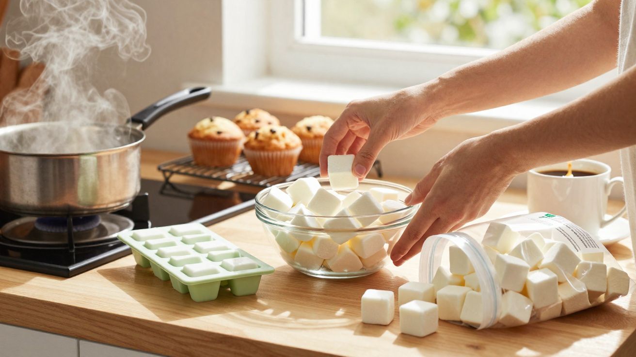 Mãos a colocarem cubos de gelo numa taça na cozinha com muffins, chávena de café e panela a ferver ao fundo.