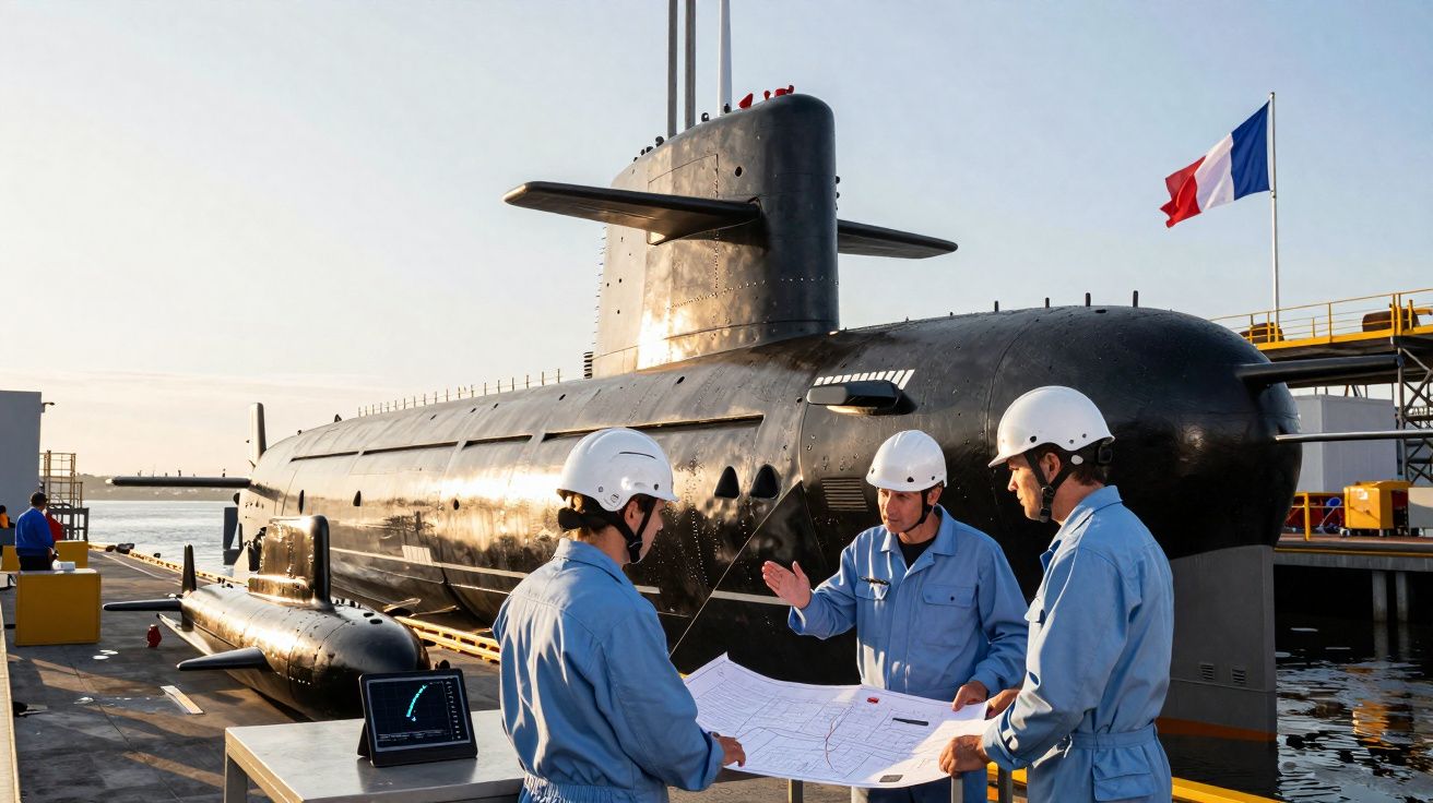 Três homens de capacete e uniforme azul analisam mapas junto a um submarino francês atracado num porto.