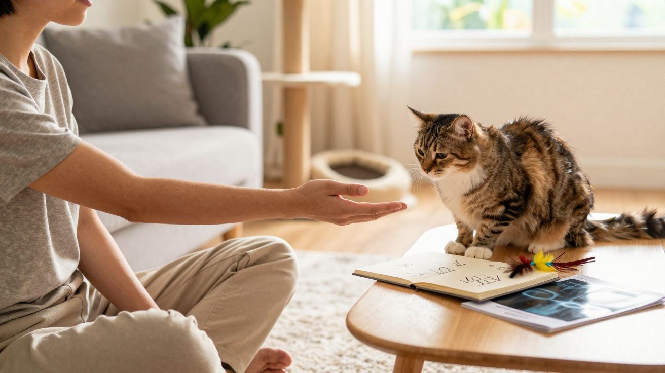 Pessoa sentada no chão estende a mão para gato sentado numa mesa com livro e brinquedo de penas.