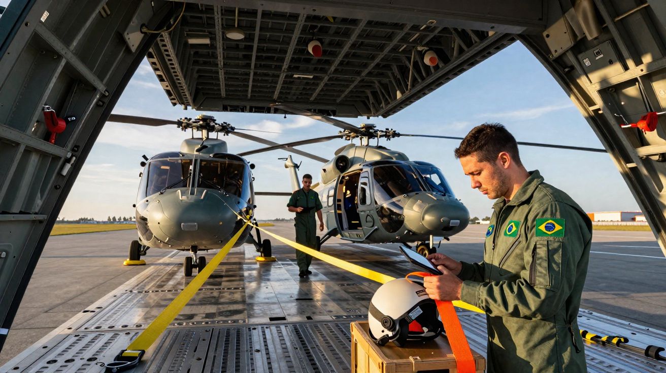 Dois helicópteros militares são presos com cintas dentro de uma aeronave, enquanto militares trabalham na segurança dos equip