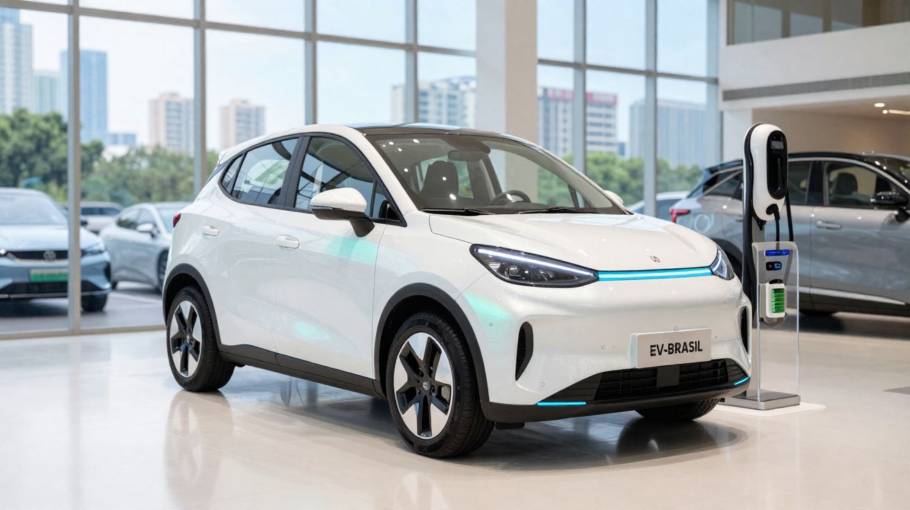 Carro elétrico branco em exposição numa sala com carregador elétrico ao lado.