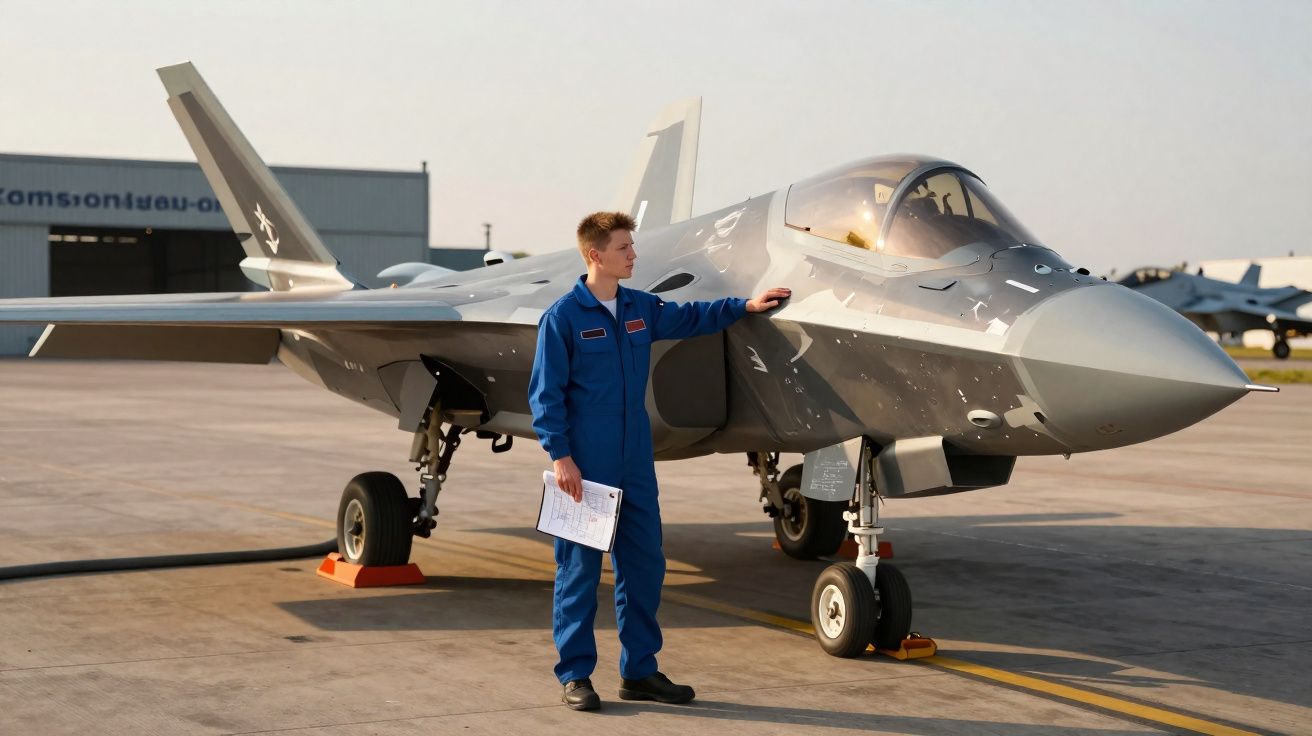 Pessoa vestida com fato azul encostada num avião de combate cinzento estacionado num aeródromo.