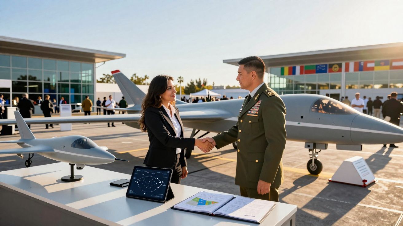 Mulher de negócios e oficial militar apertam mãos junto a modelos de aviões e tecnologia numa exposição aérea.