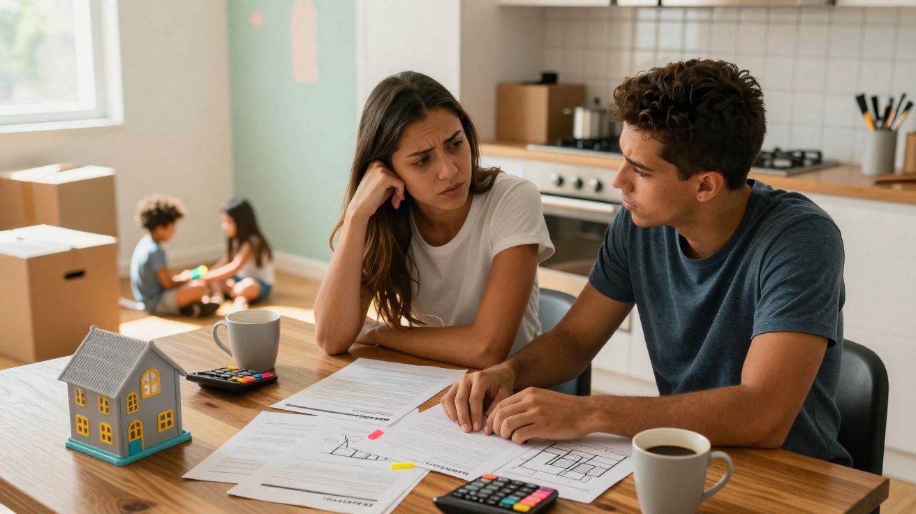 Casal preocupado a analisar documentos financeiros numa mesa enquanto crianças brincam ao fundo.