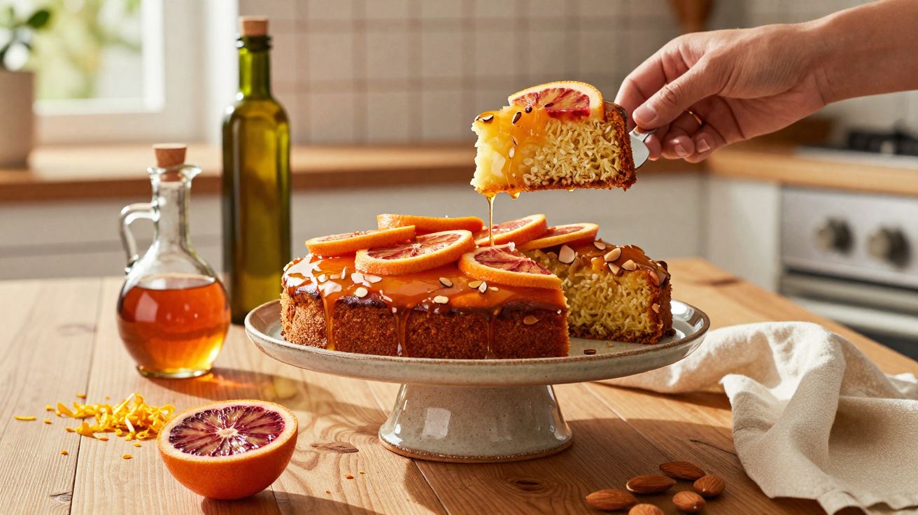 Bolo com fatias de laranja sanguínea e mel a escorrer, servido numa base cerâmica sobre mesa de madeira.