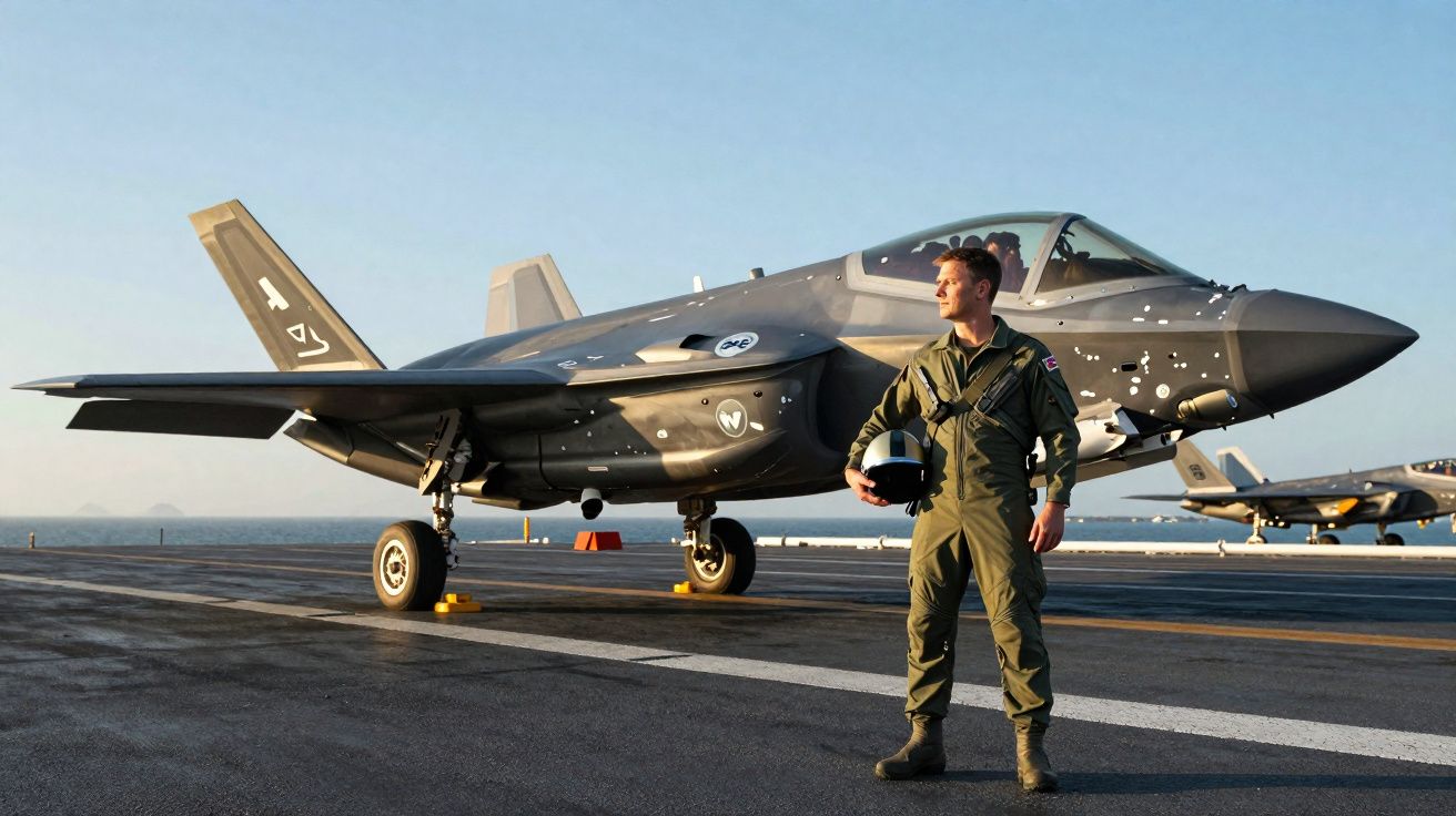 Piloto militar em fato de voo junto a um caça furtivo estacionado numa pista ao nascer do sol.
