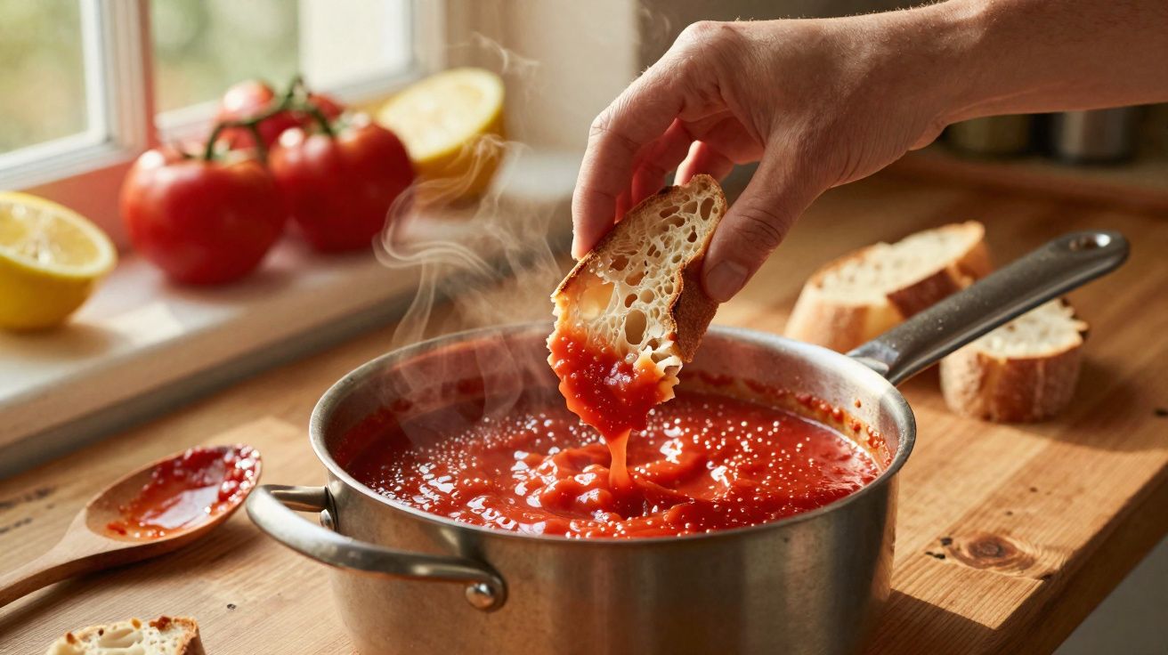 Mão a mergulhar pão em panela com molho de tomate fumegante numa cozinha iluminada pela janela.