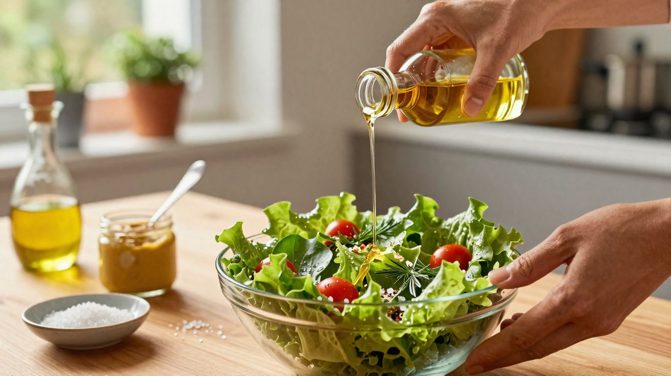 Mãos a temperar uma salada com alface e tomate-cereja, usando azeite numa cozinha iluminada.