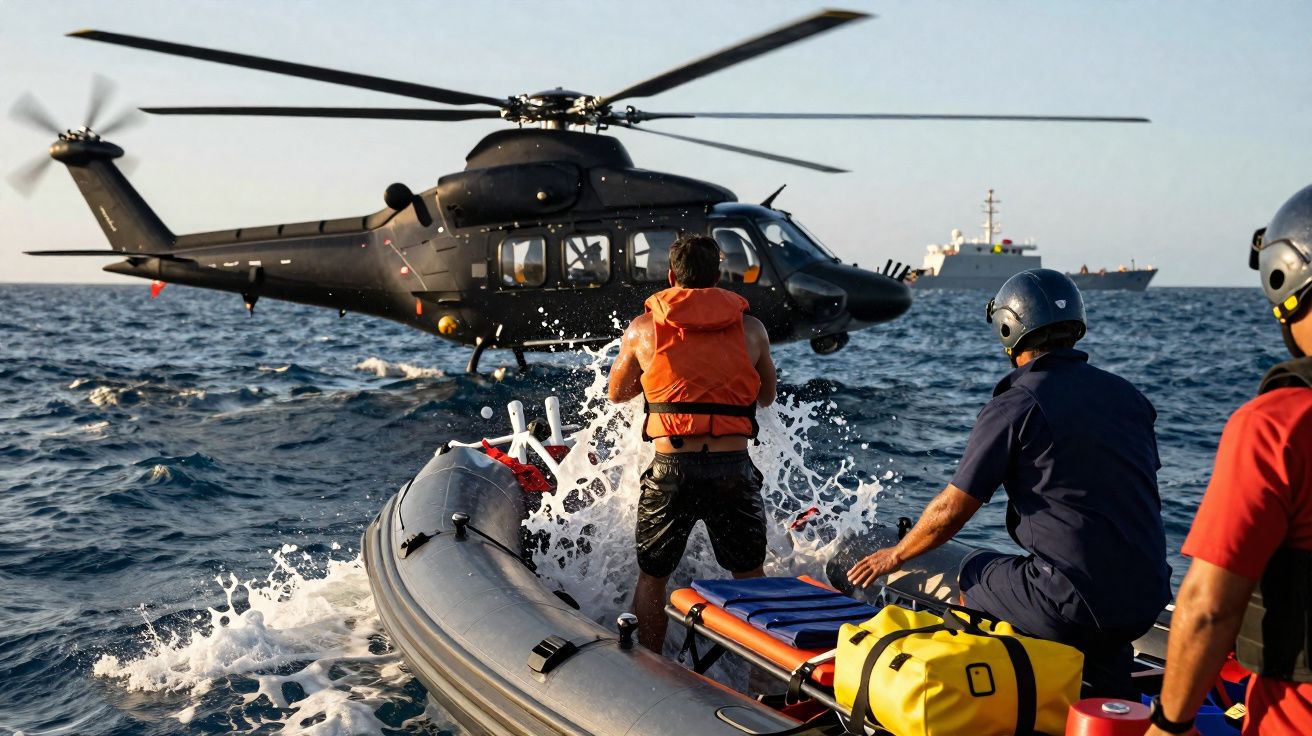 Homem com colete salva-vidas numa embarcação inflável a ser resgatado por helicóptero no mar com tripulantes a assistir.
