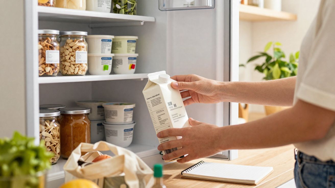 Pessoa a pegar embalagem de leite no frigorífico com frascos de vidro e iogurtes ao fundo.