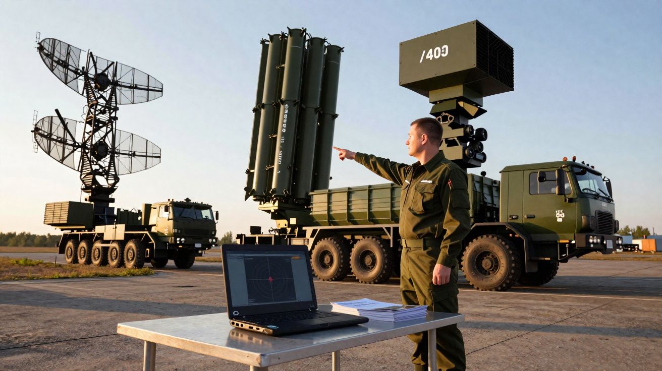 Militar em uniforme aponta para equipamento militar de radar e lançadores de mísseis em zona aberta.