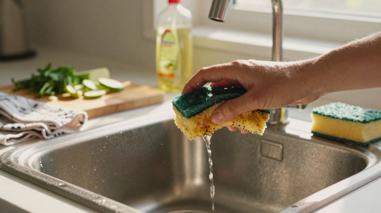 Pessoa a espremer uma esponja amarela e verde sobre uma pia de cozinha em aço inoxidável.