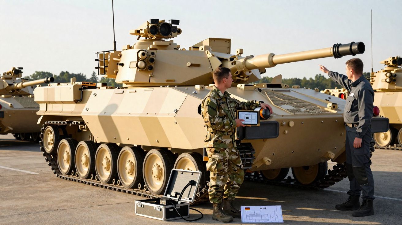 Dois militares junto a um tanque de combate amarelo em área ao ar livre durante o dia.