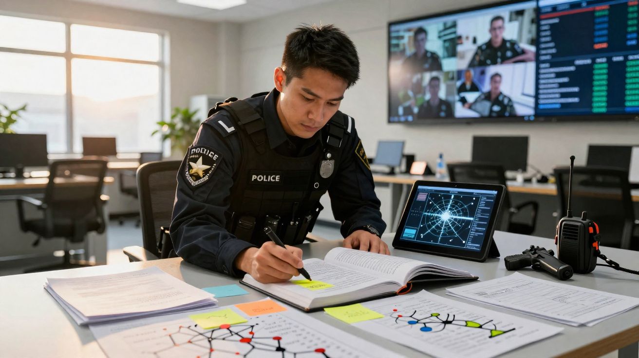 Polícia analisa documentos e usa tablet com dados em escritório moderno de investigação.