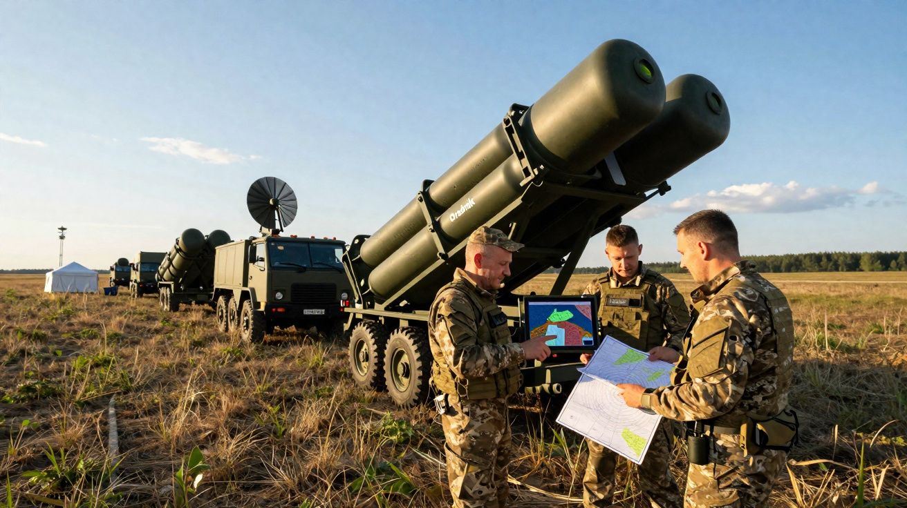 Três soldados junto a veículos militares com lançadores de foguetes em campo aberto ao pôr do sol.