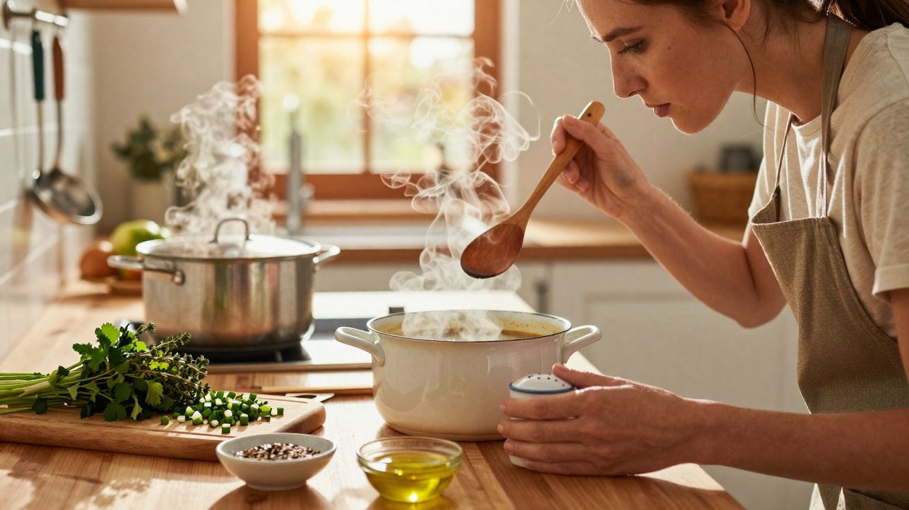 Mulher a cozinhar numa cozinha luminosa, provando sopa quente com uma colher de pau.